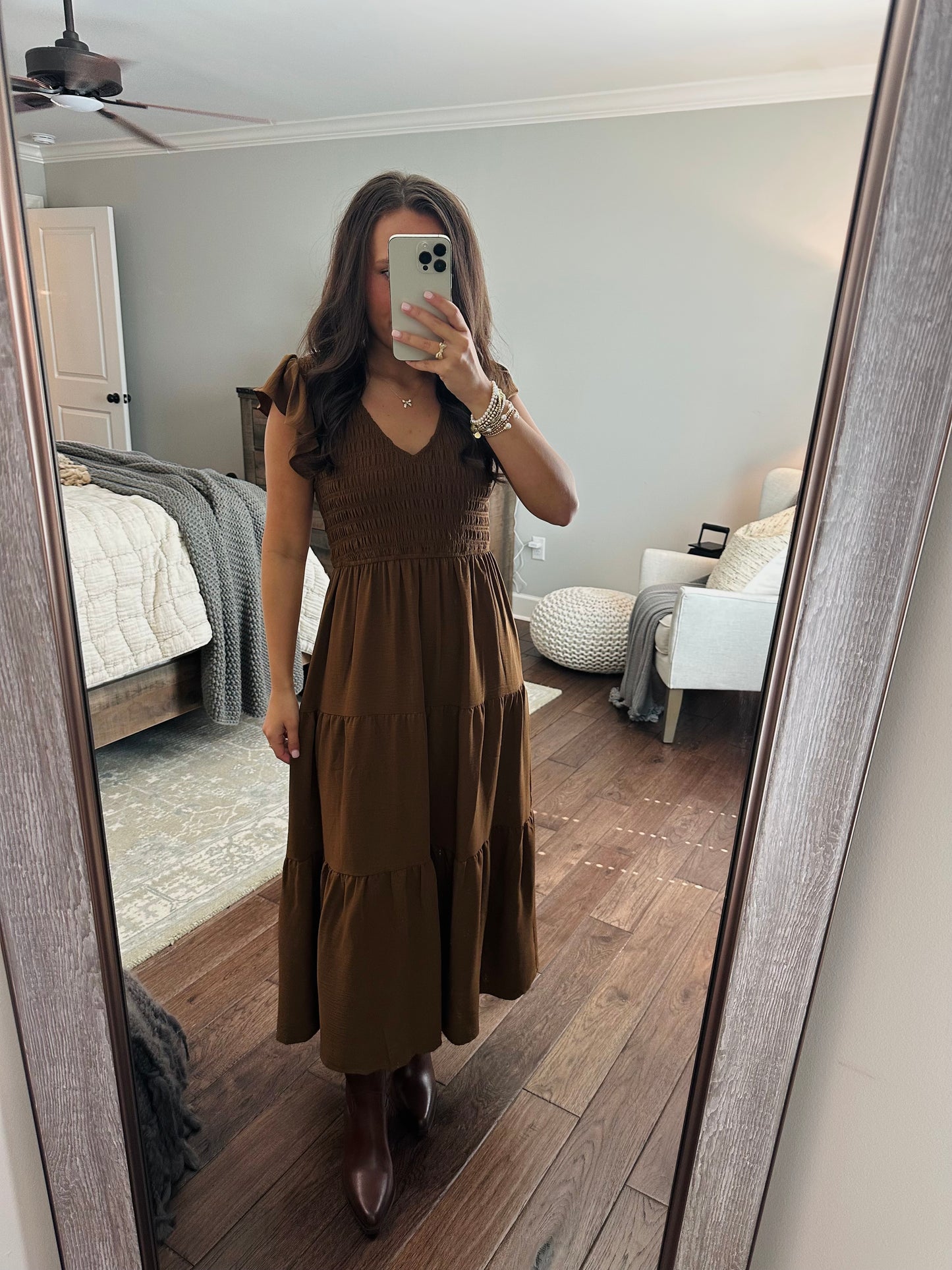 The Maple Copper Brown Flutter Sleeve Smocked Midi Dress