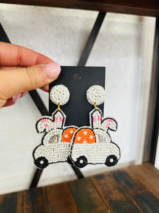 White Easter Bunny Truck Beaded Earrings