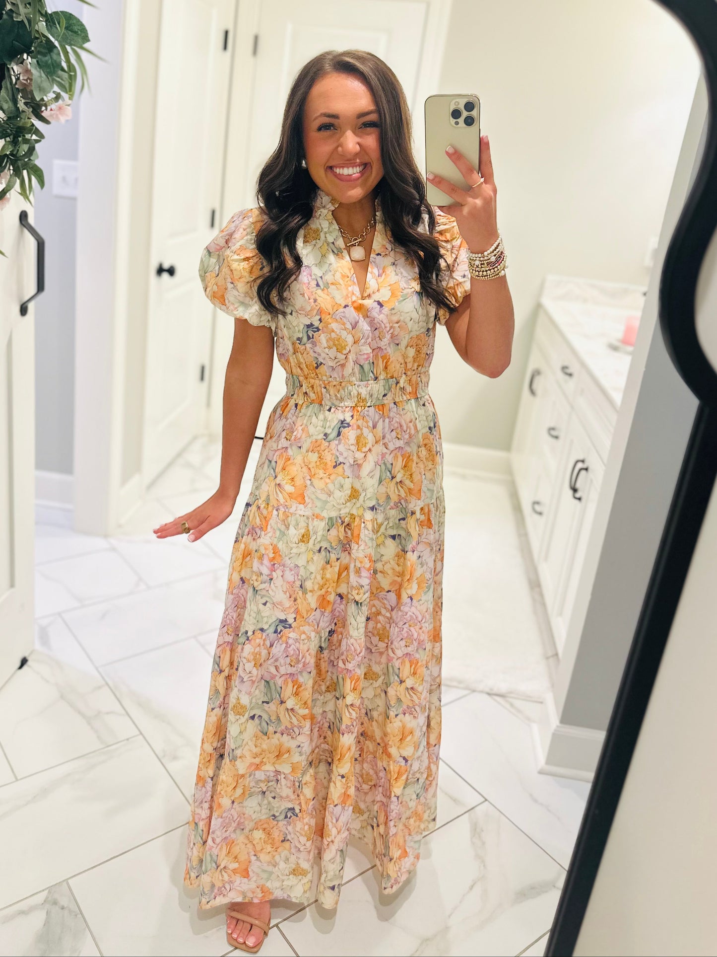 The Elizabeth Lavender + Orange Multicolor Floral Midi Dress