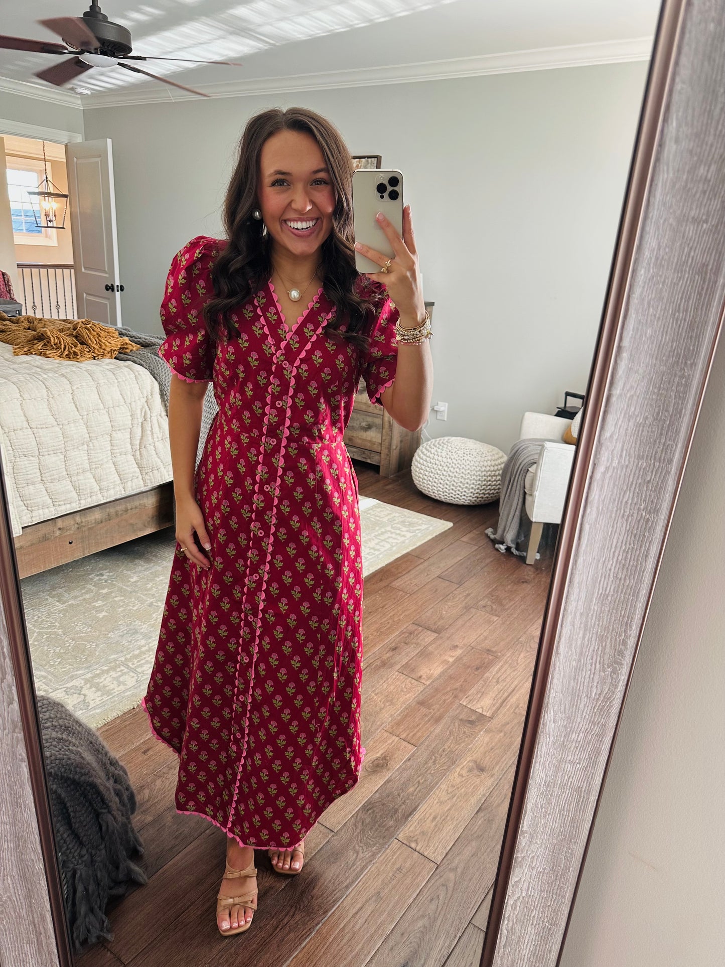 The Charlotte Burgundy Floral Scallop Trim Midi Dress