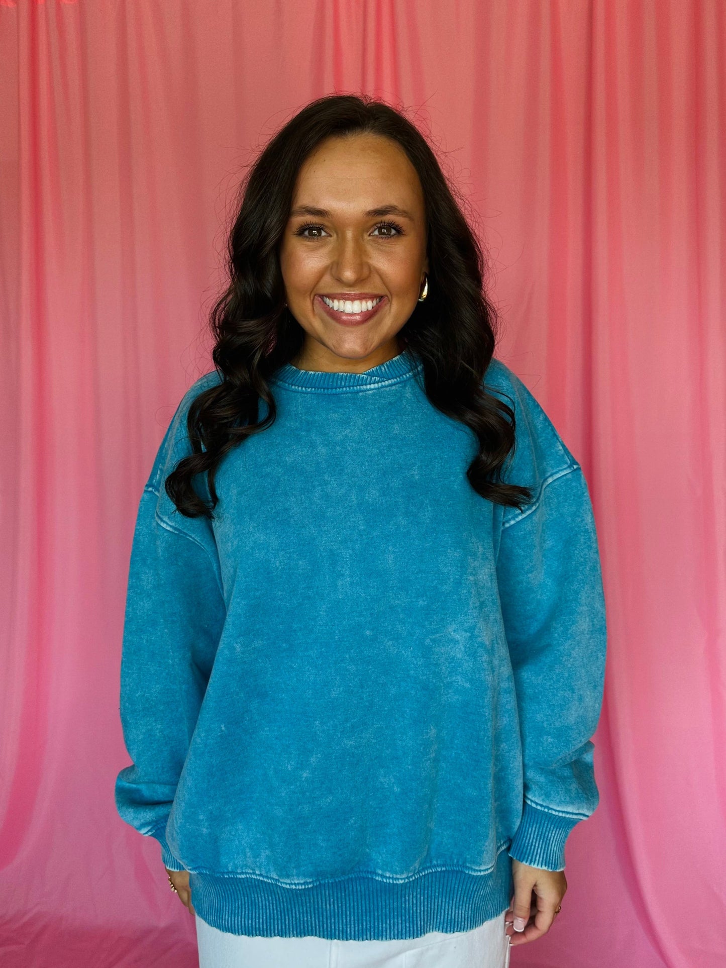 Deep Sky Blue Acid Wash Oversized Pullover