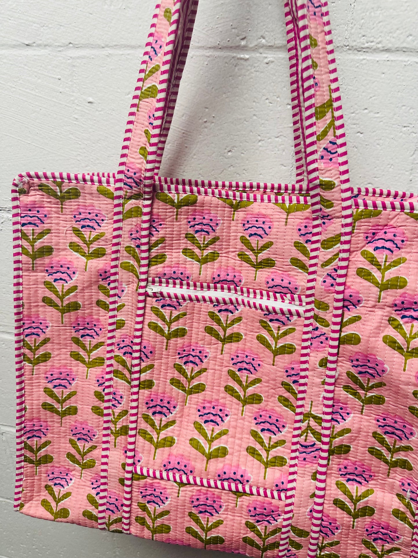 The Pink + Green Floral Quilted Tote Bag