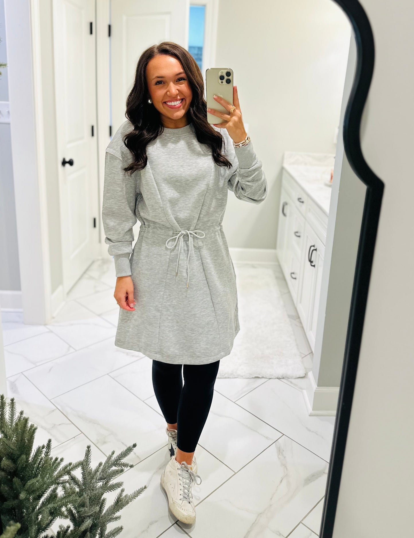 The Heather Grey Jersey Knit Longsleeve Drawstring Dress