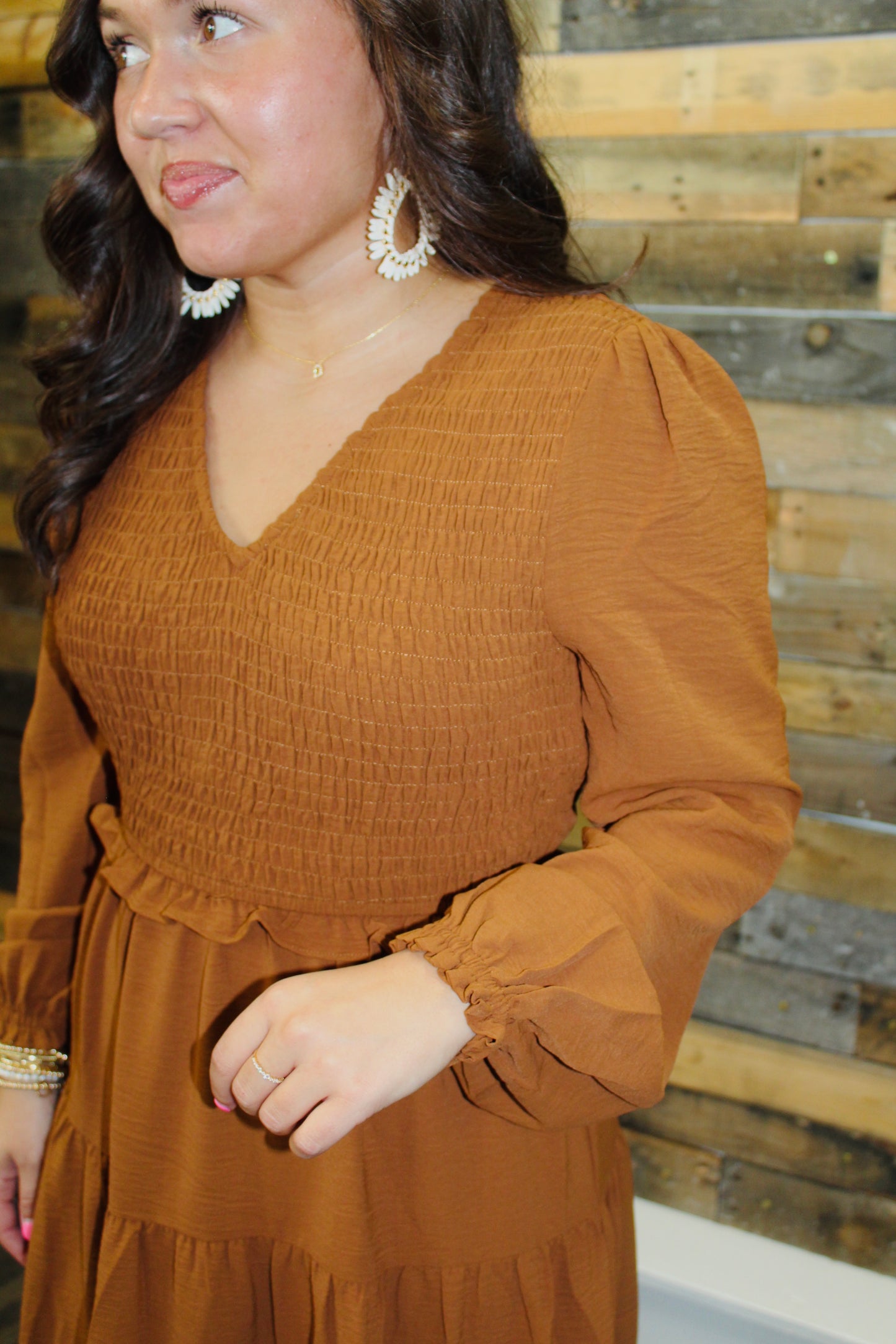 The Aubrey Copper Smocked Midi Dress