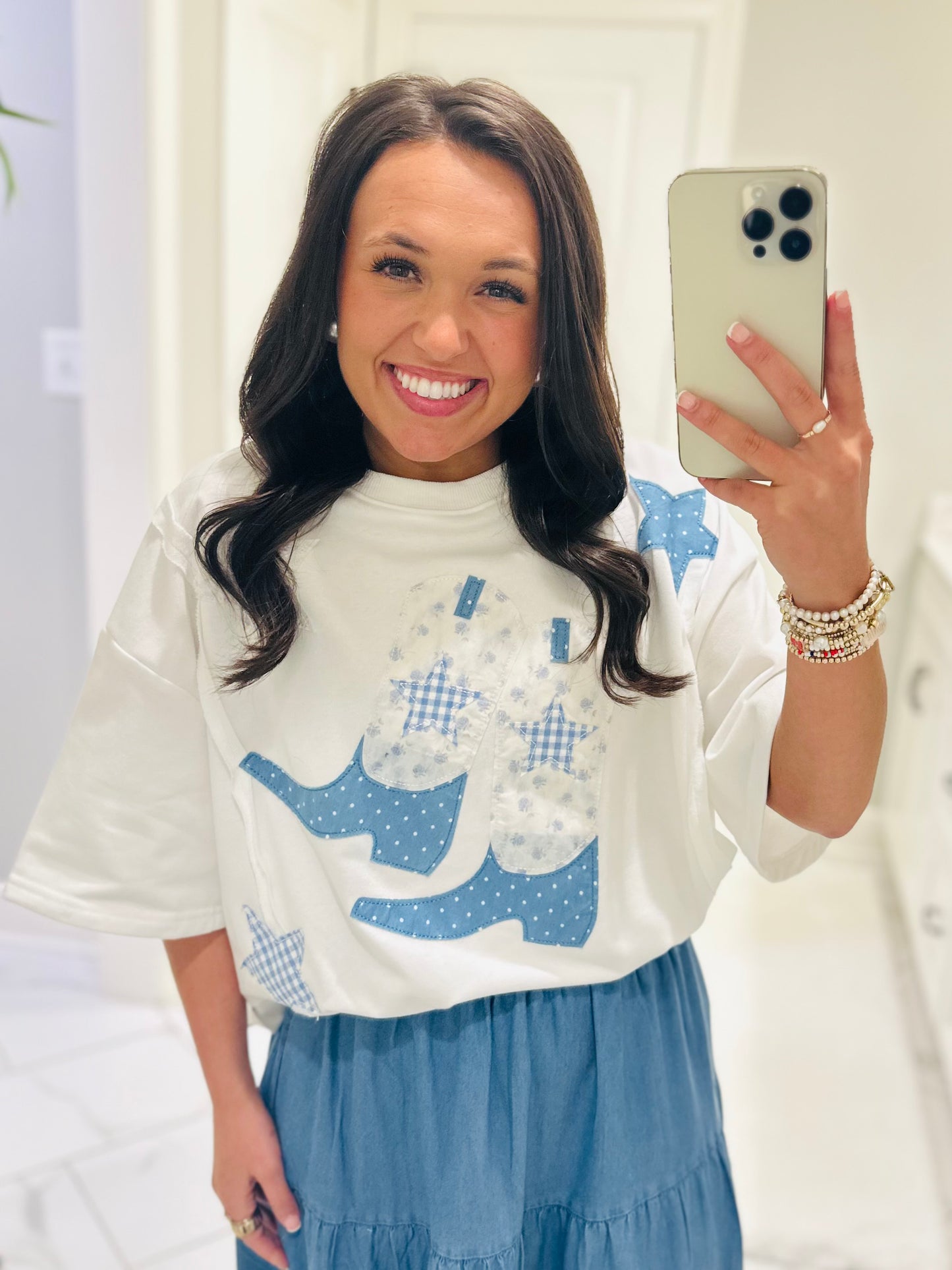 The Blaire Blue Cowboy Boot Star Patchwork Tee
