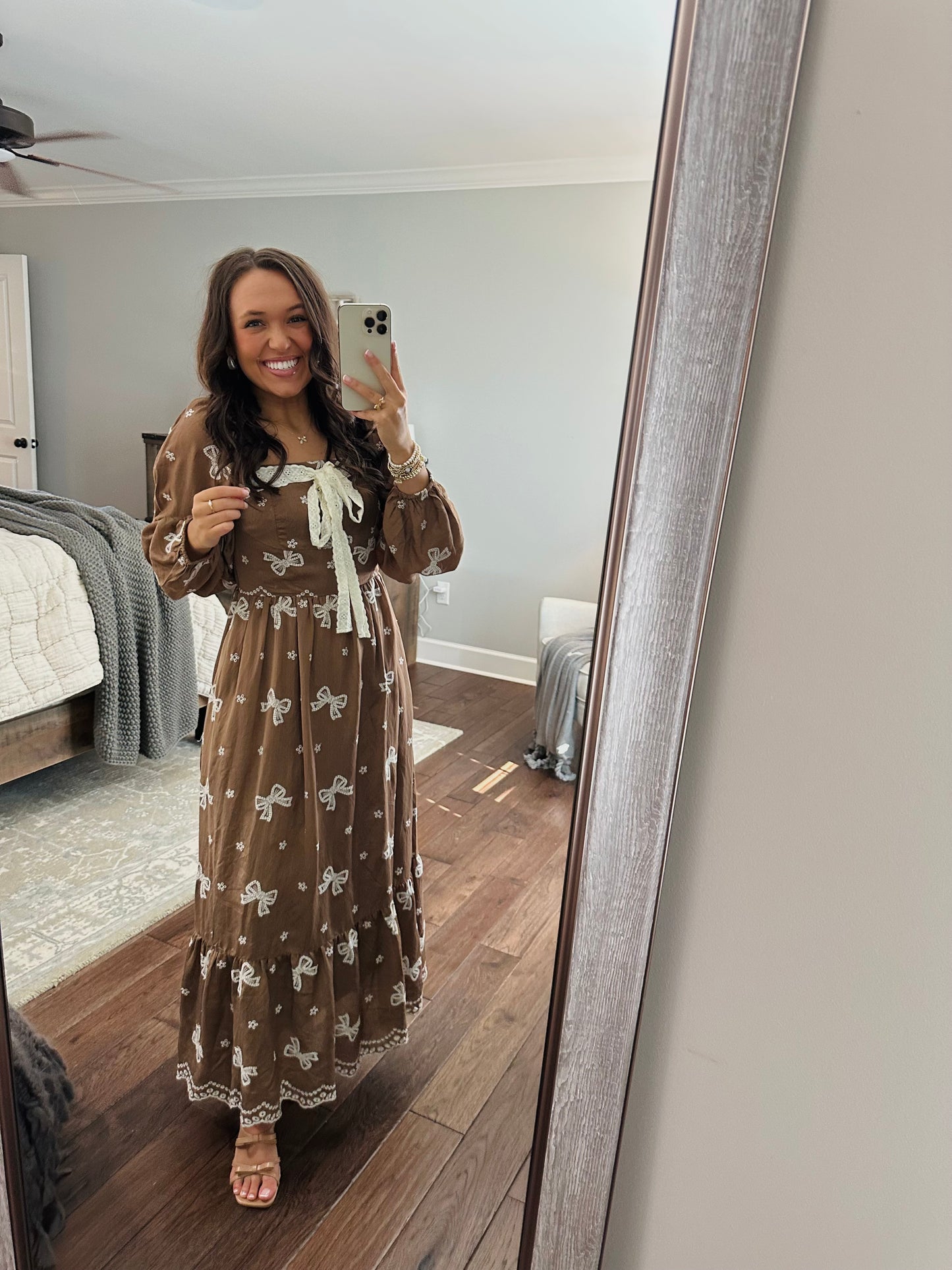 The Bruna Brown Bow Embroidered Midi Dress