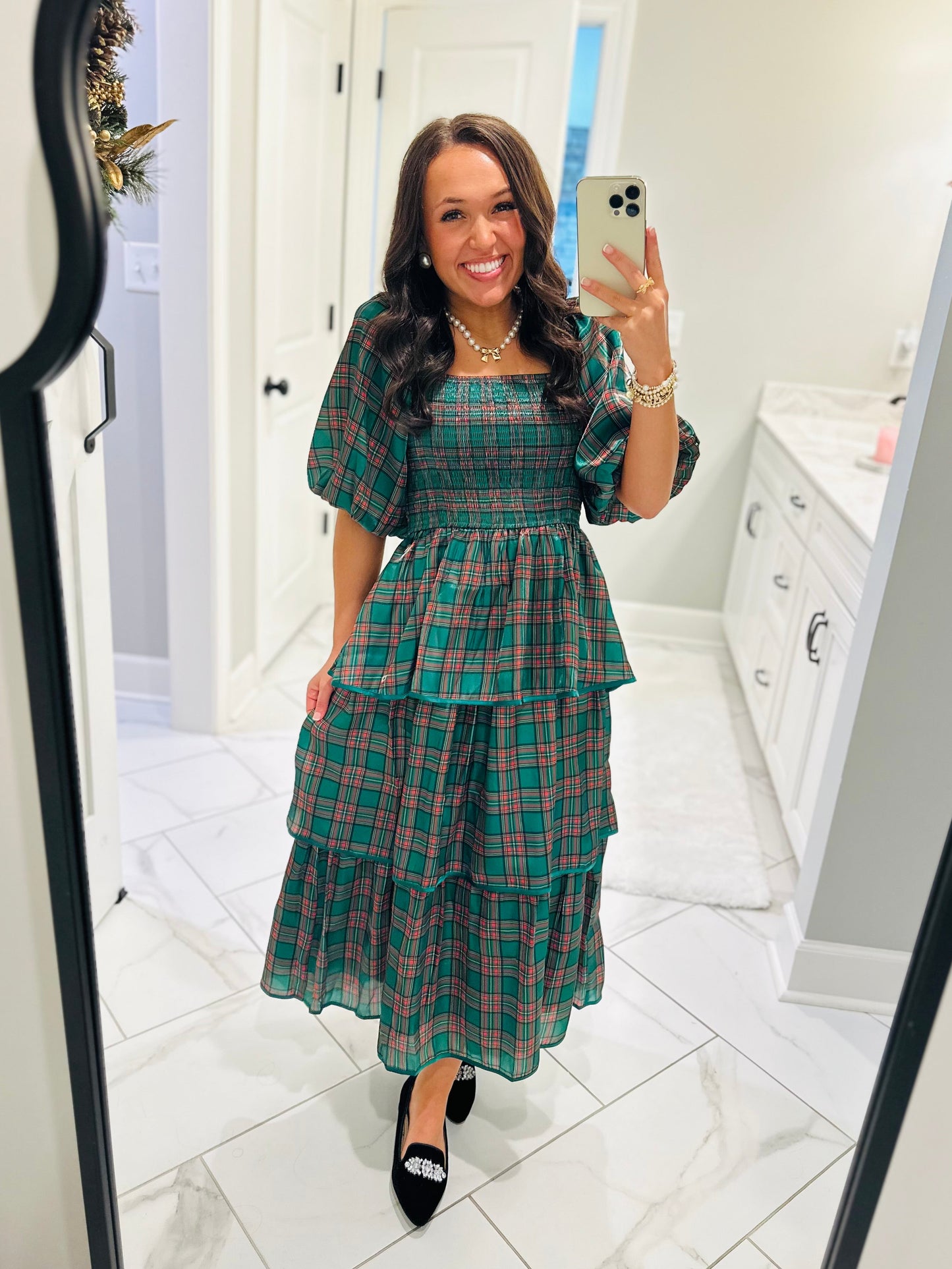 The Holly Green Christmas Plaid Tiered Midi Dress