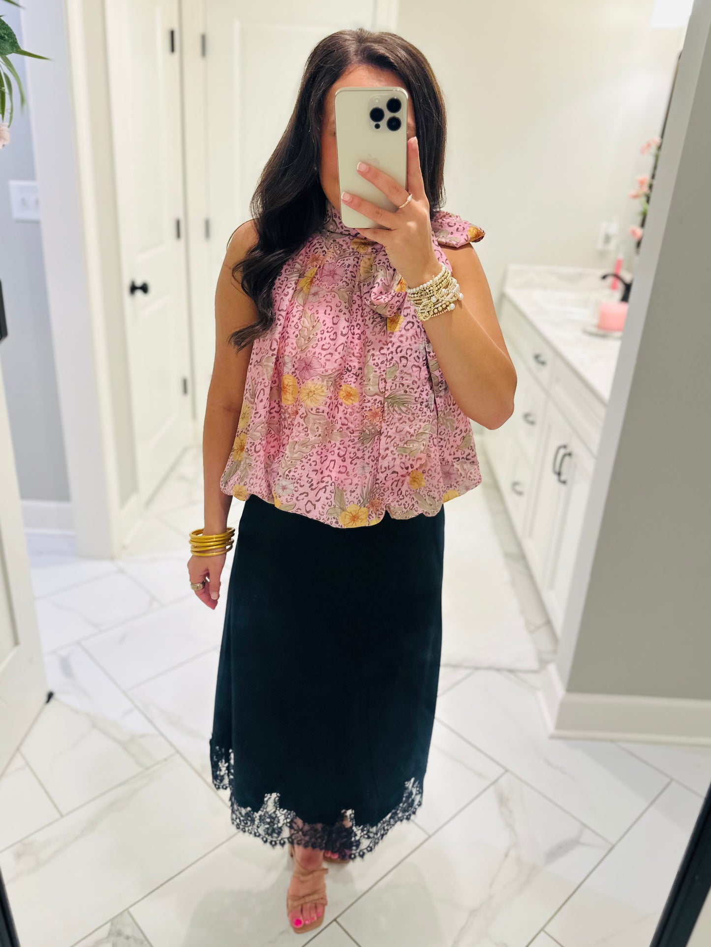 The Dallas Black Satin Lace Midi Skirt