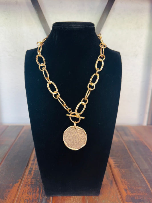 Gold Hammered Coin Charm Chain Necklace
