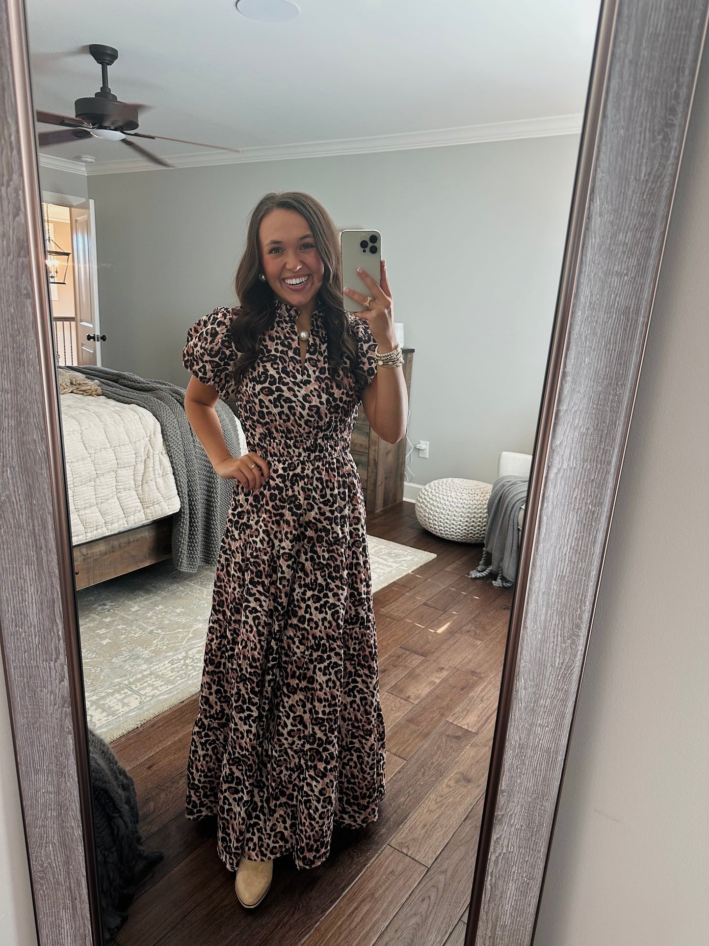 The Elizabeth Leopard Print Puff Sleeve Midi Dress