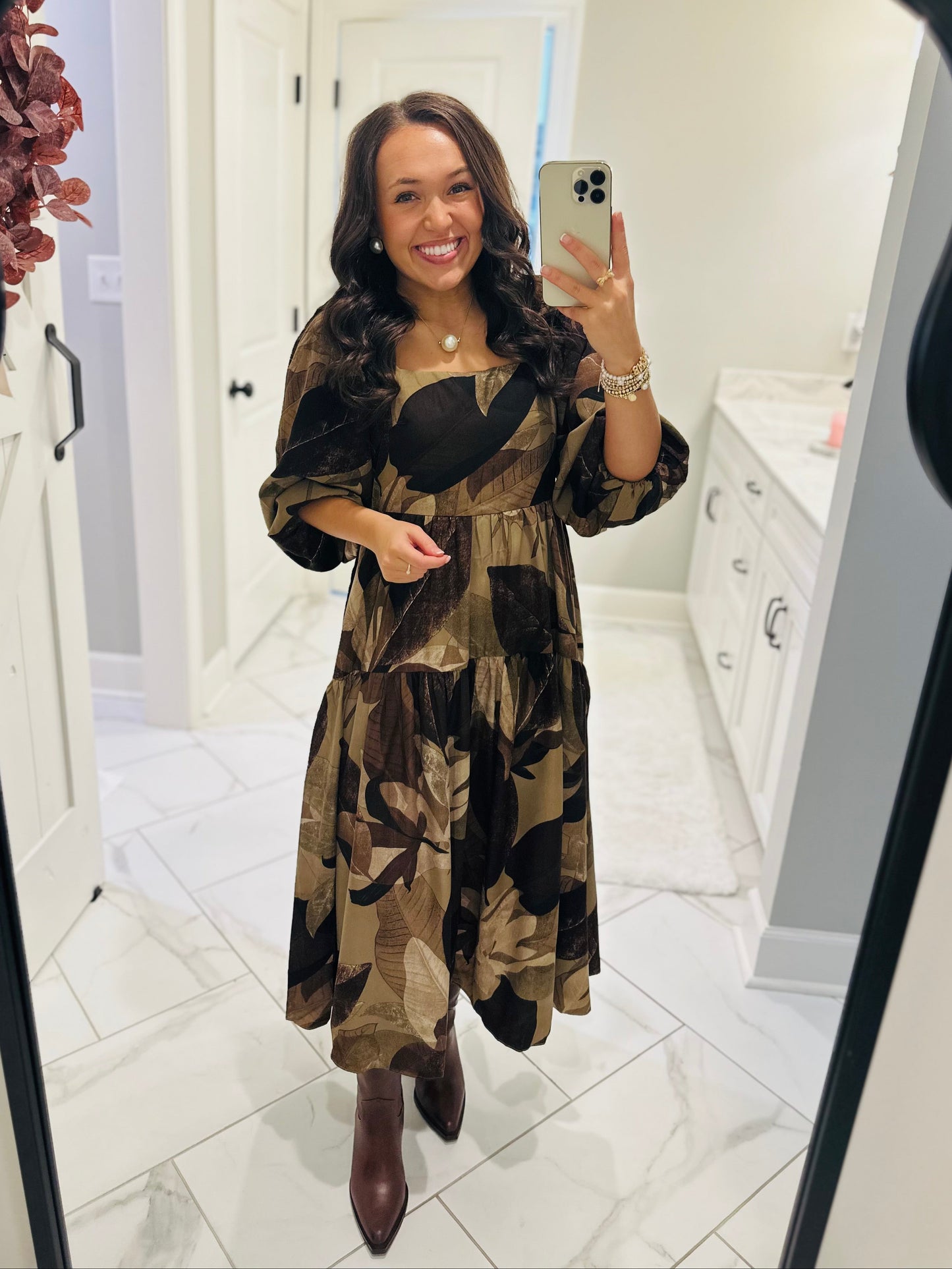 The Loretta Mocha Leaf Midi Dress