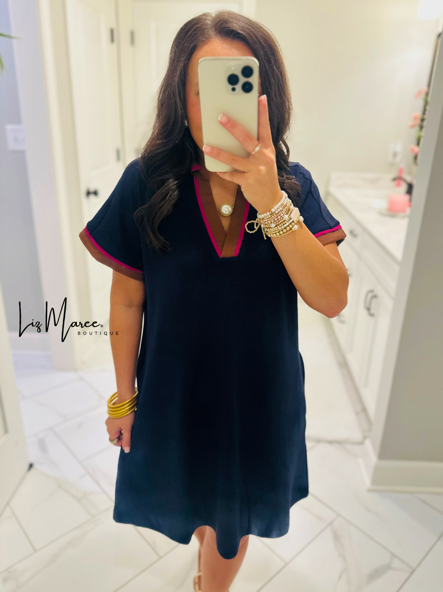 The Nina Navy Mix Collared Dress