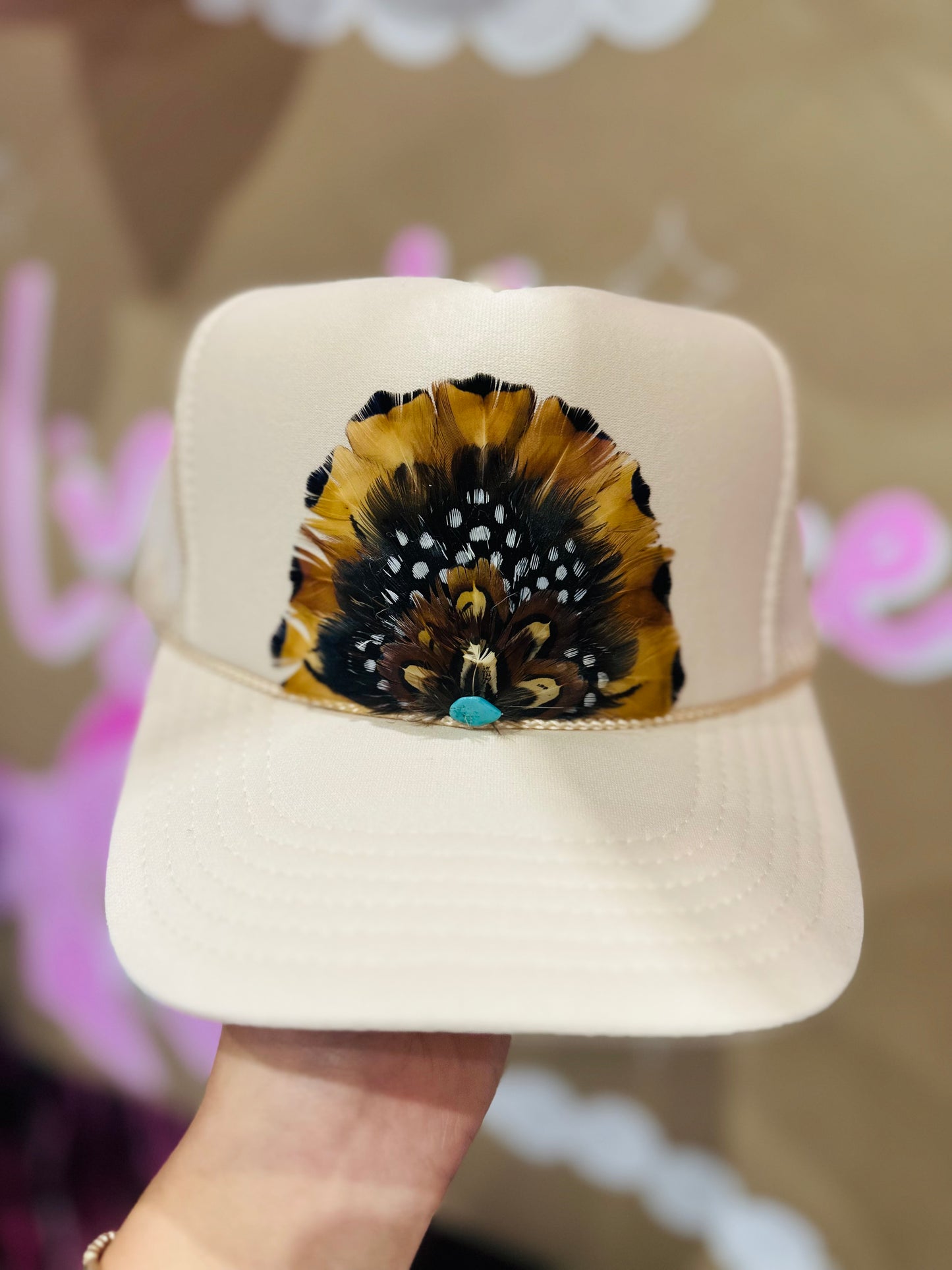 Tan Feather + Turquoise Stone Trucker Hat