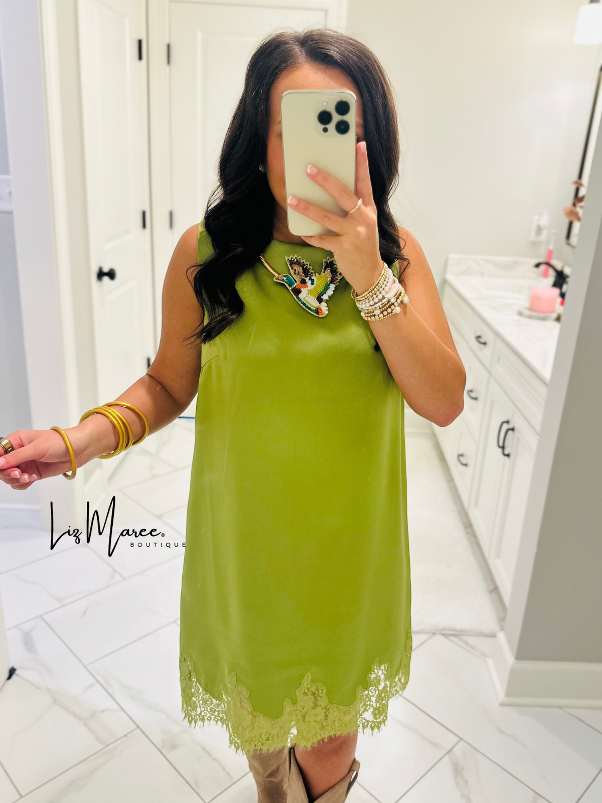 The Lola Olive Green Satin Lace Dress