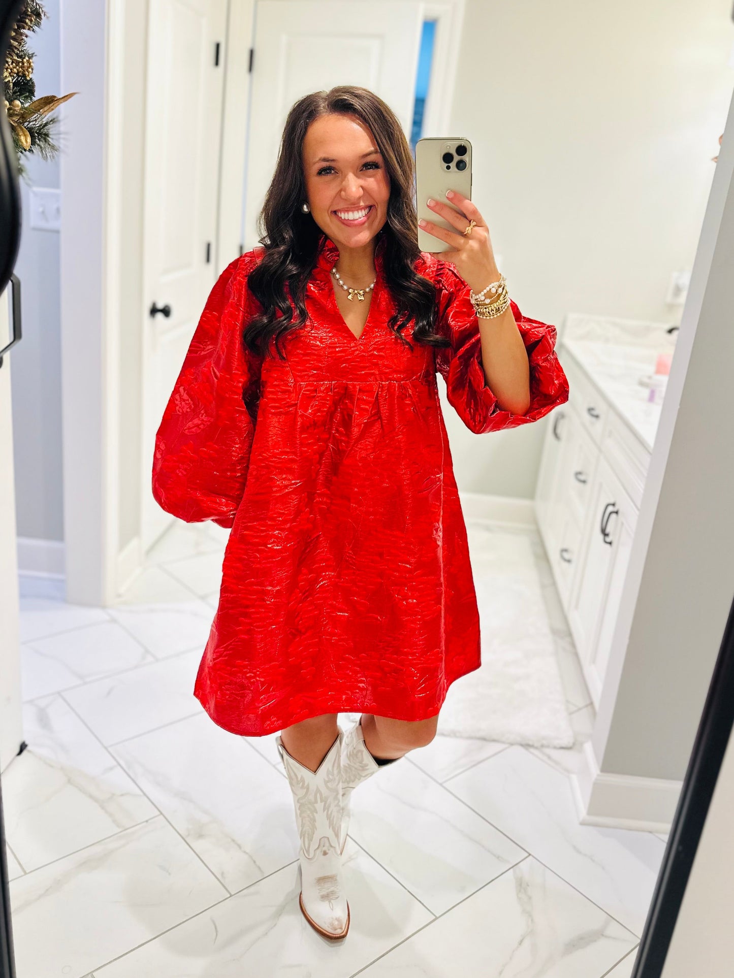 The Clara Red Jacquard Shimmer Dress