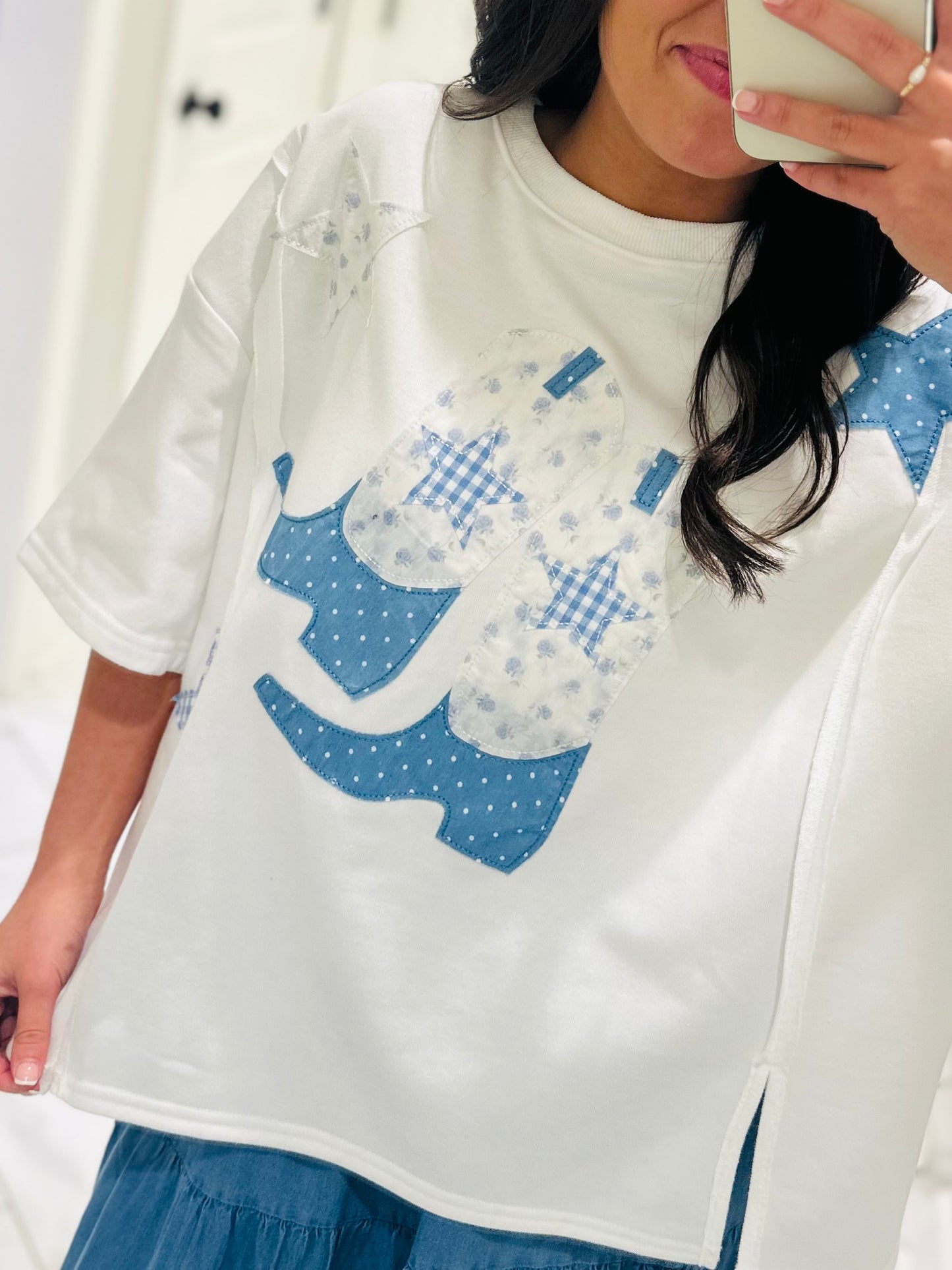 The Blaire Blue Cowboy Boot Star Patchwork Tee