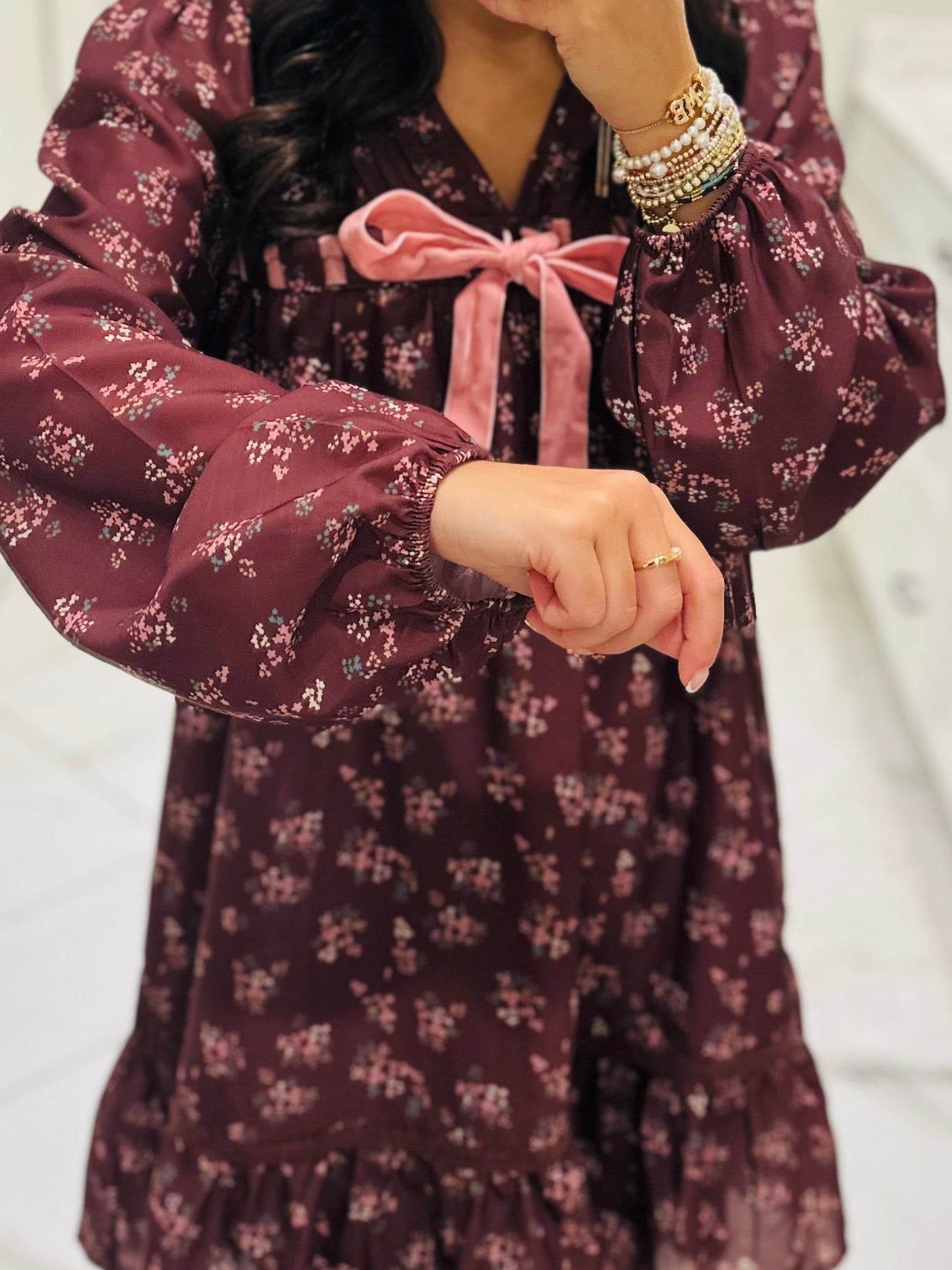 The Rhea Chocolate Brown Floral Long Sleeve Bow Detail Dress