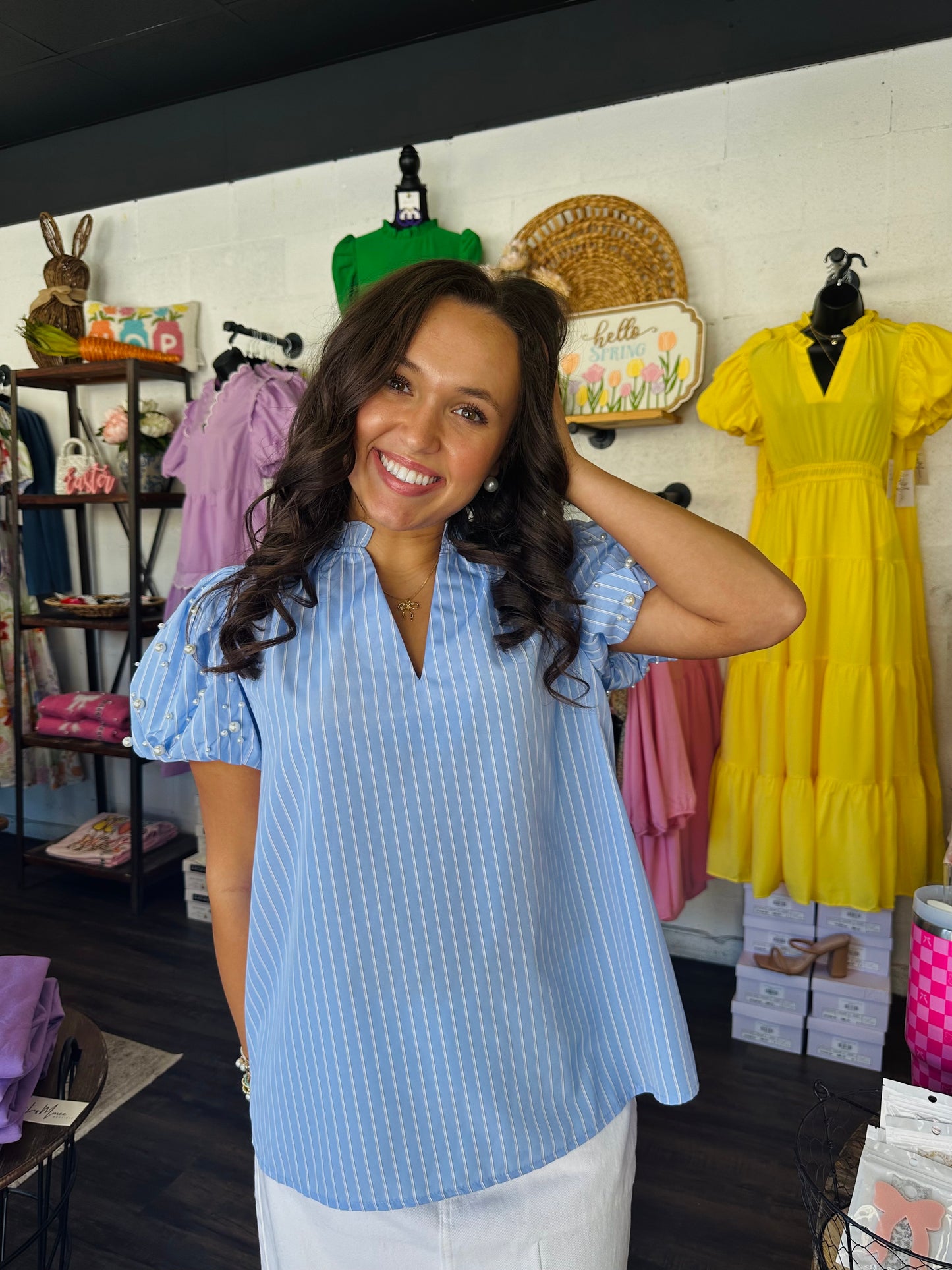 The Brynn Blue Pearl Puff Sleeve Top