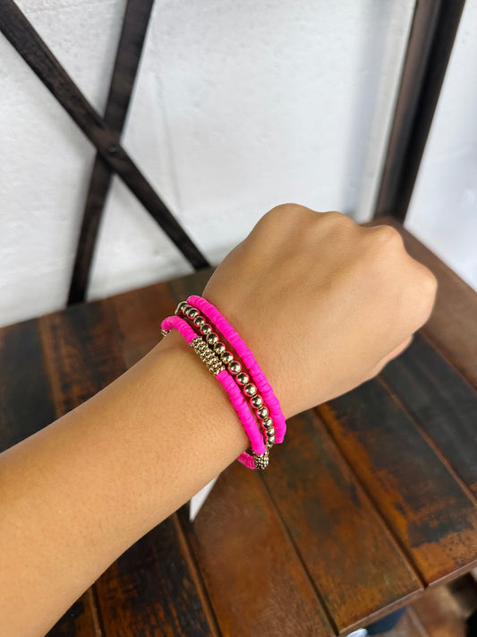 Gold & Hot Pink Stack Stretch Bracelet Set