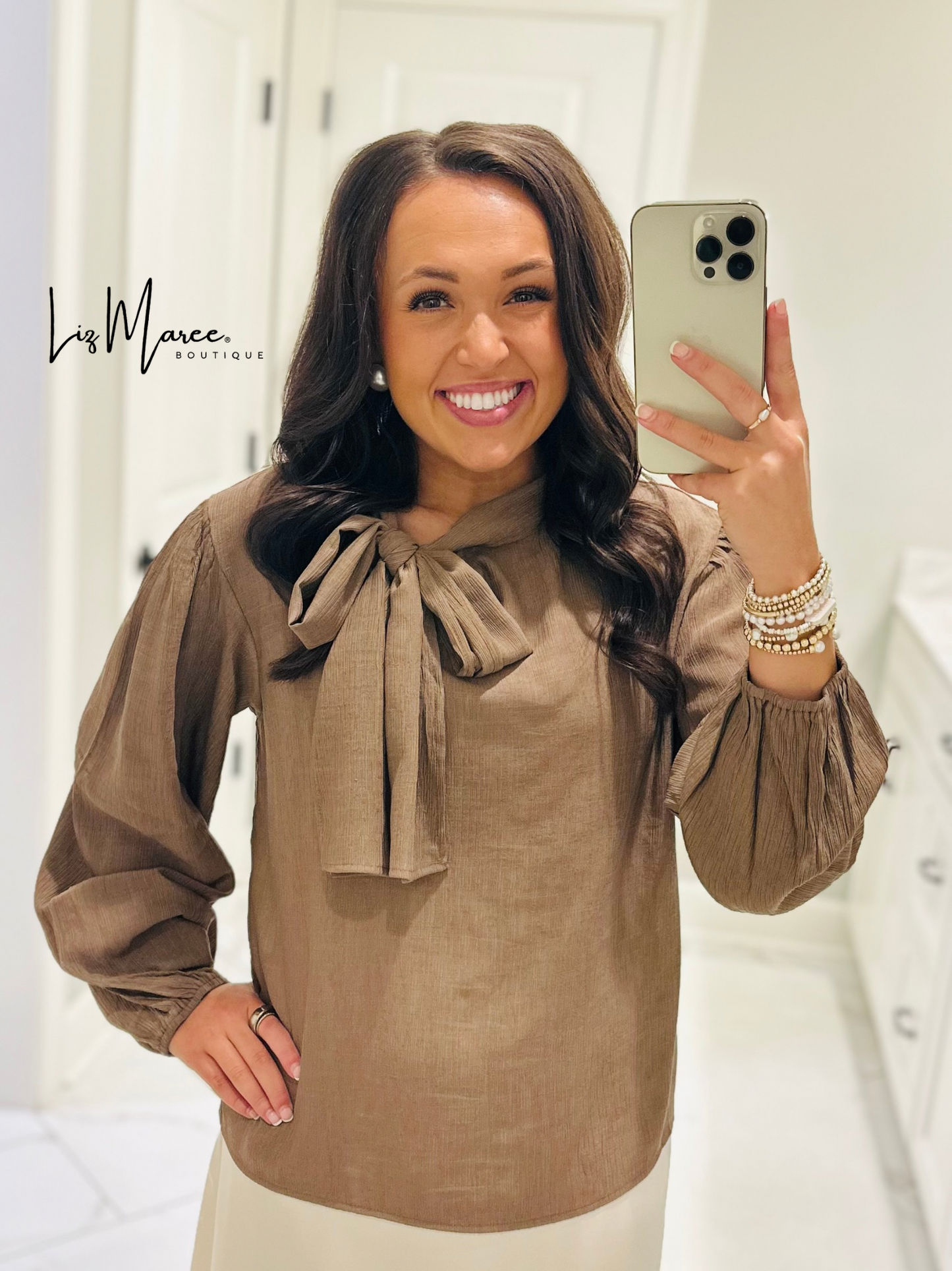 The Lorie Coco Brown Long Sleeve Bow Top