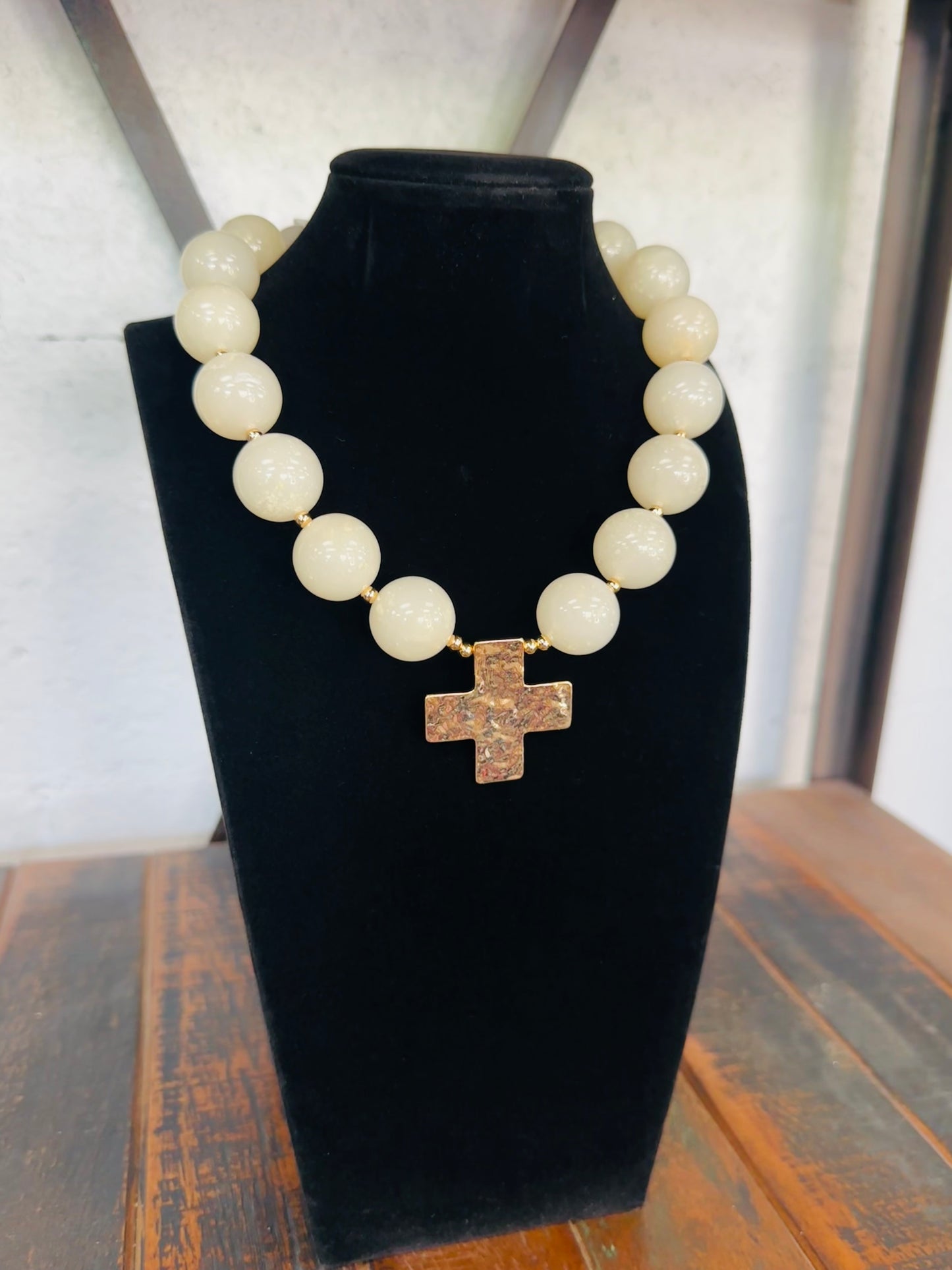 Ivory + Gold Cross Pendant Marble Ball Necklace