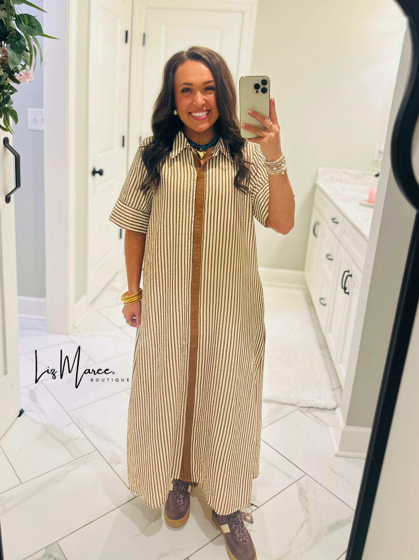 The Nora Caramel Brown Striped Midi Dress