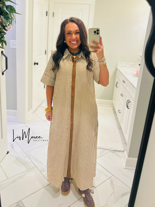 The Nora Caramel Brown Striped Midi Dress
