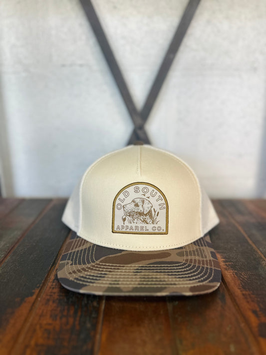 Hunting Dog Trucker Hat - Cream + Thicket Camo