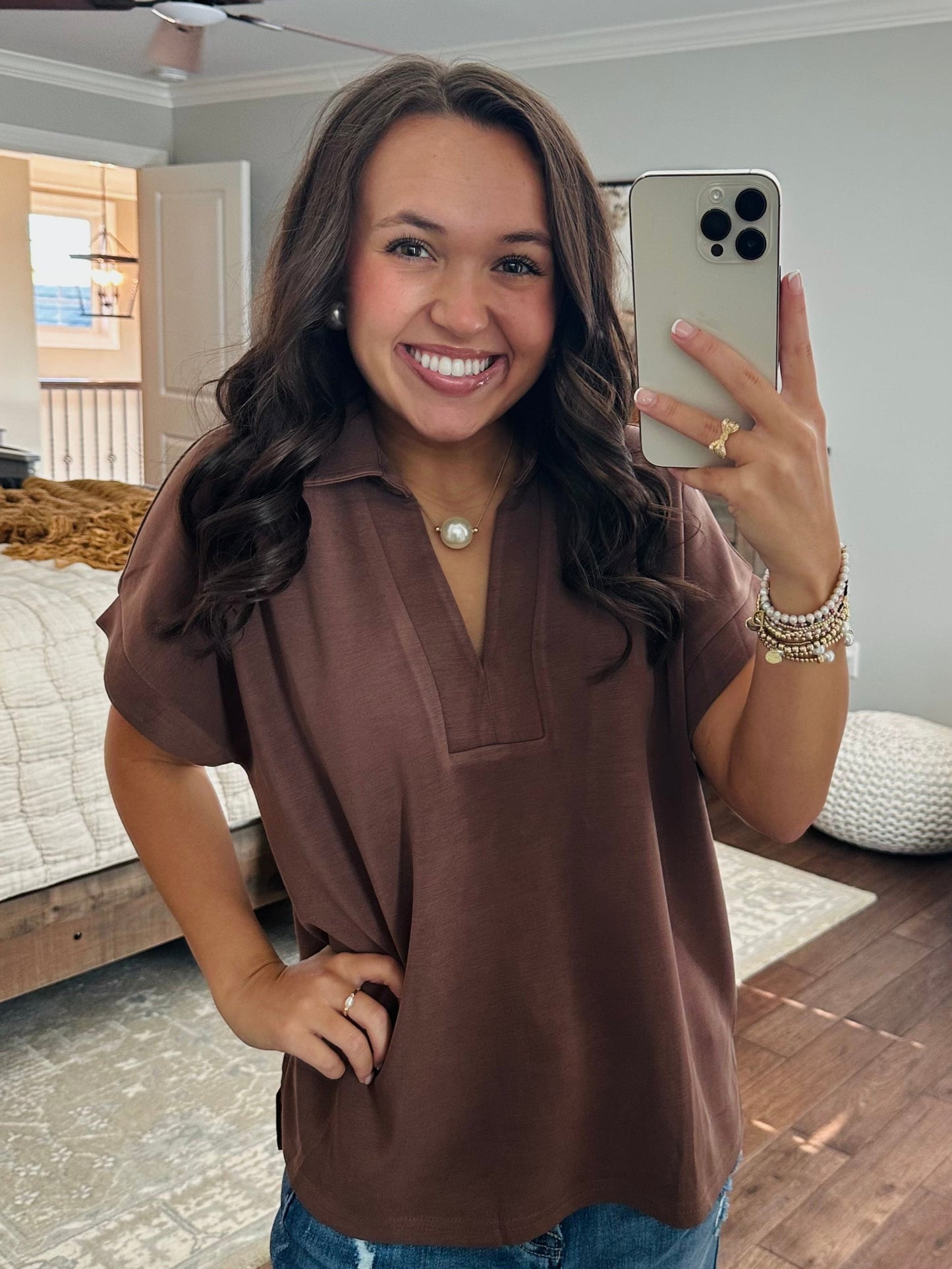 The Tatum Coffee V-Neck Top