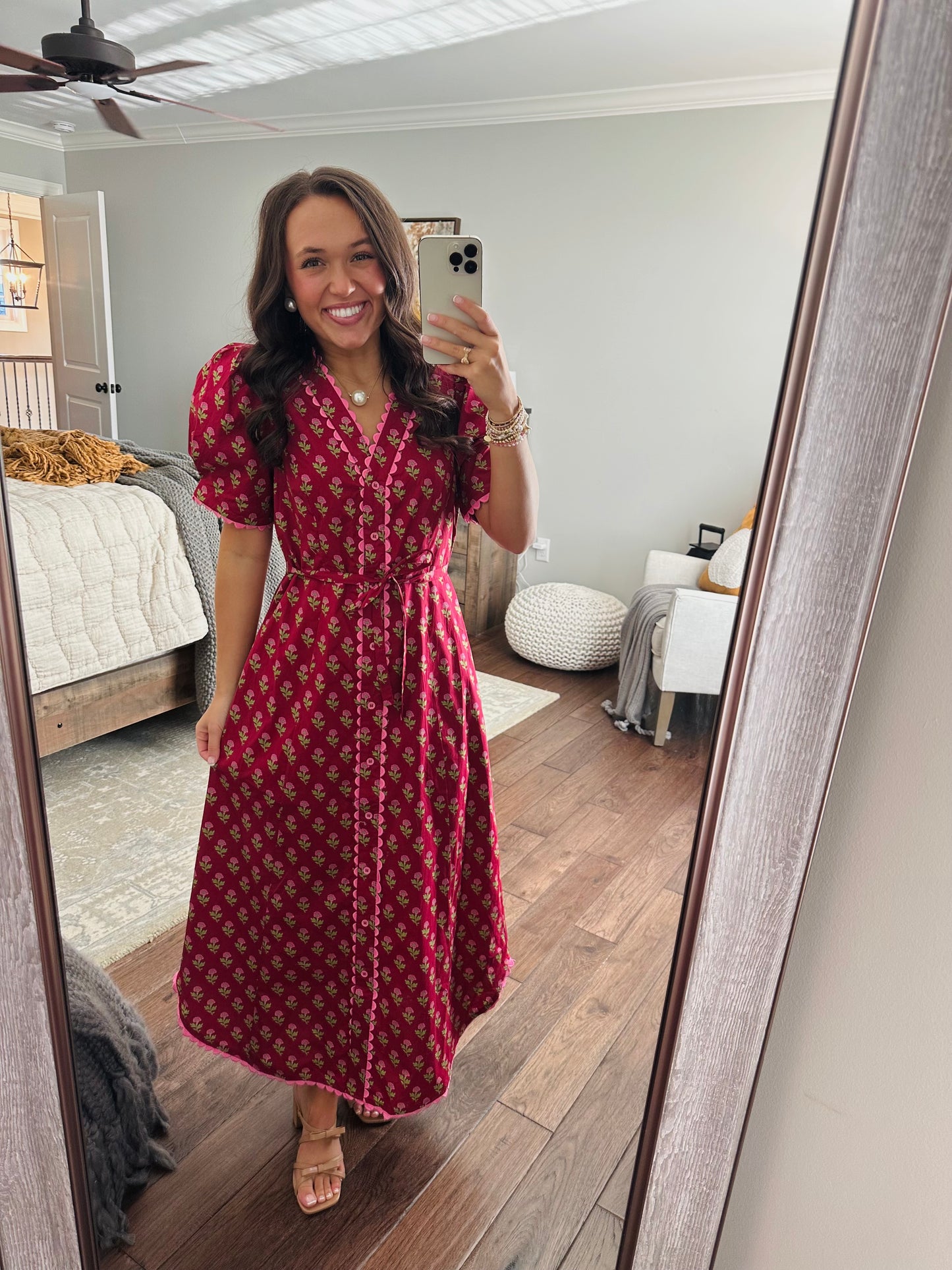 The Charlotte Burgundy Floral Scallop Trim Midi Dress