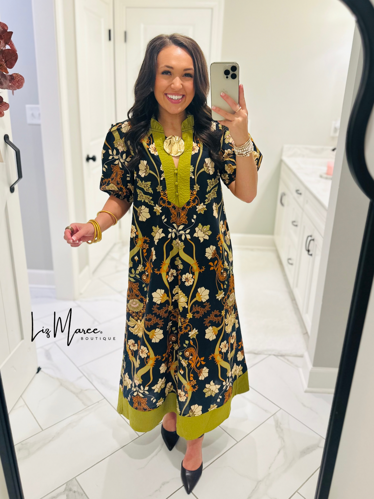 The Francesca Black + Olive Green Floral Midi Dress