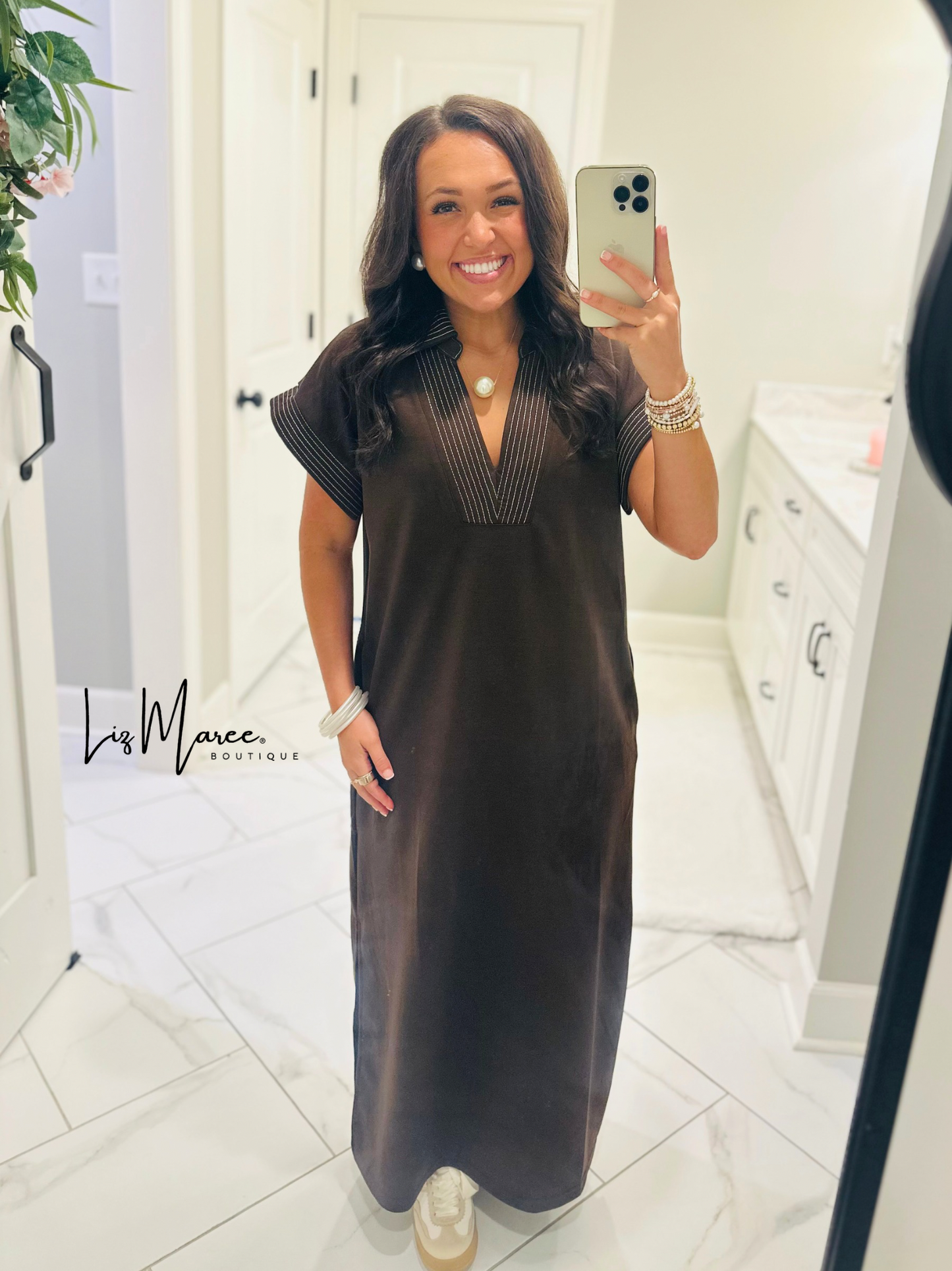 The Parker Brown Collared Stitch Midi Dress