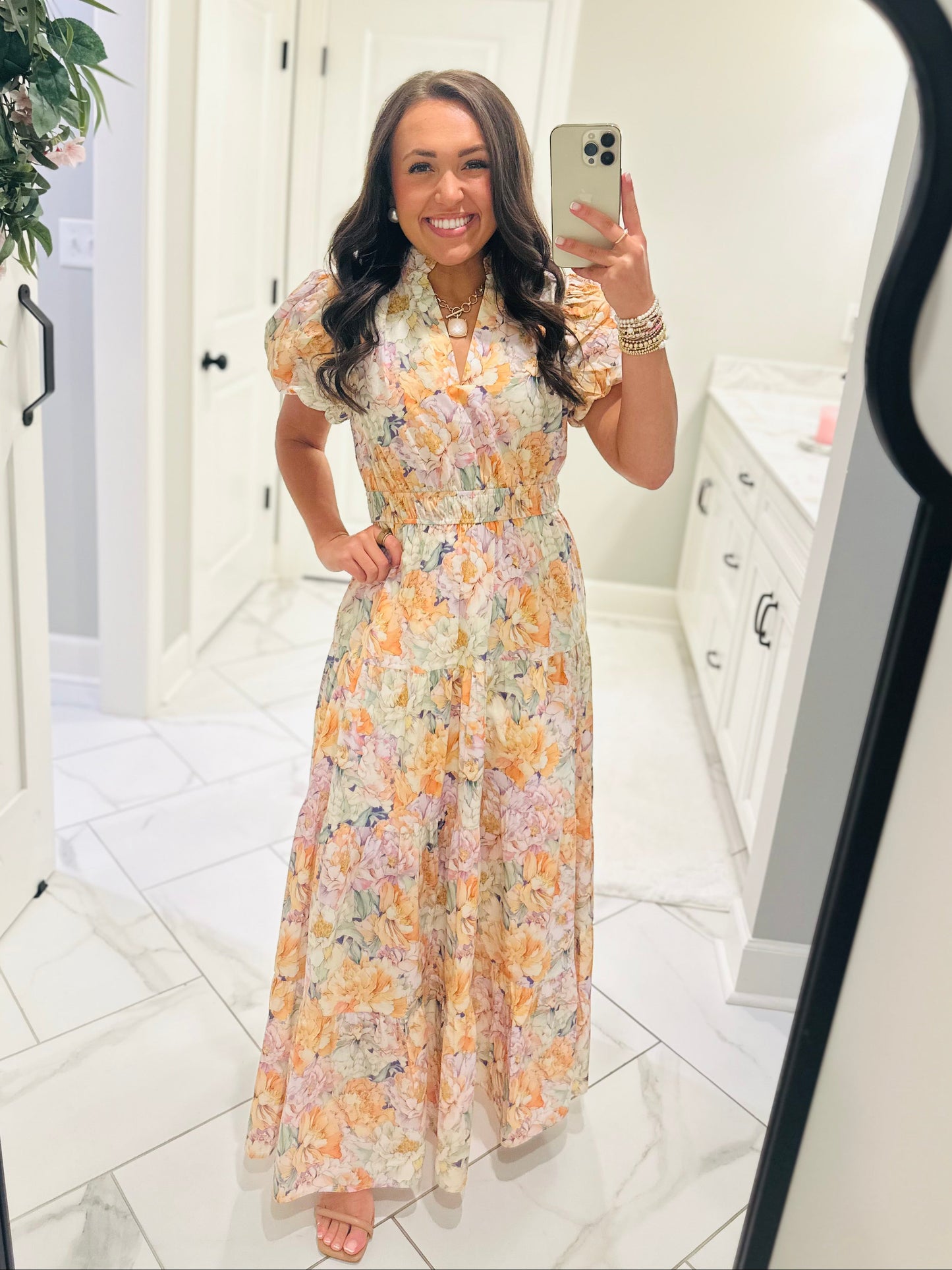 The Elizabeth Lavender + Orange Multicolor Floral Midi Dress