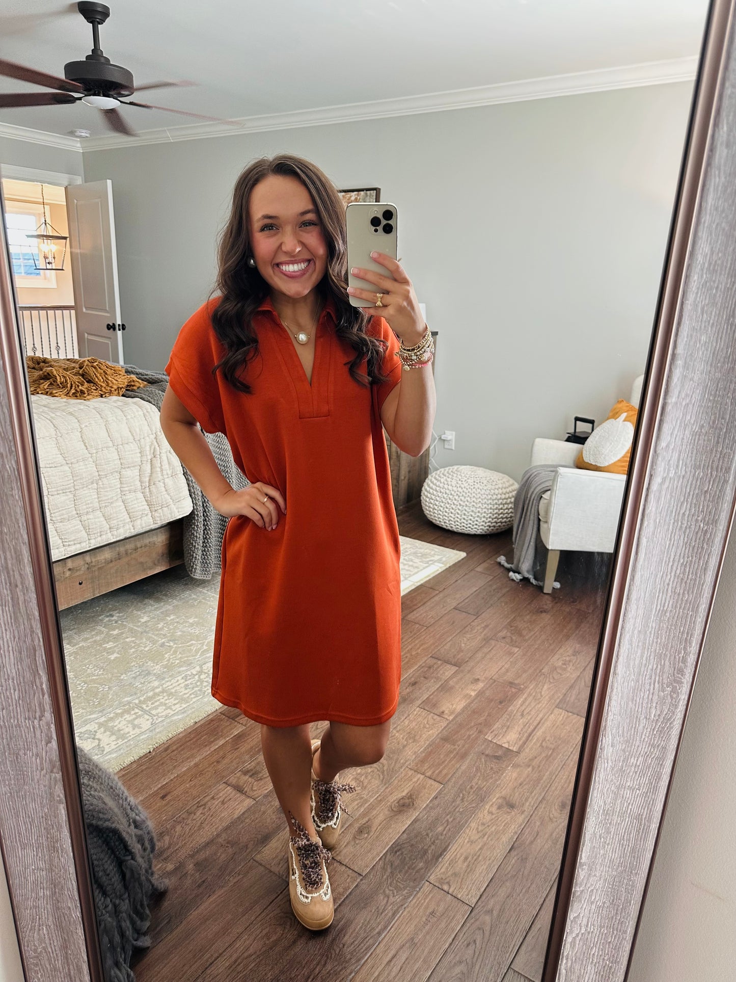 The Briar Burnt Orange V-neck Shift Dress