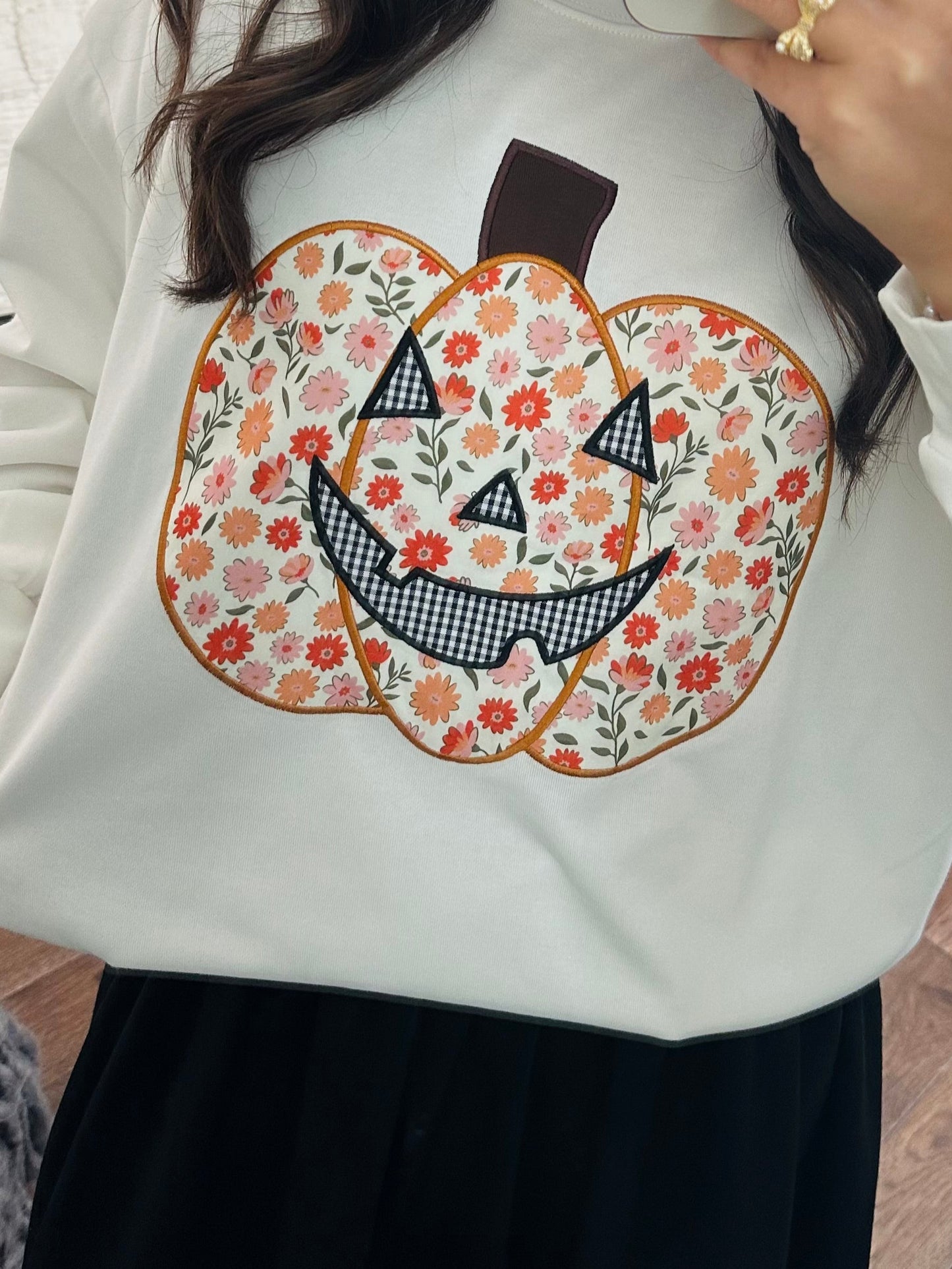 The Floral Printed Pumpkin Patchwork Crewneck