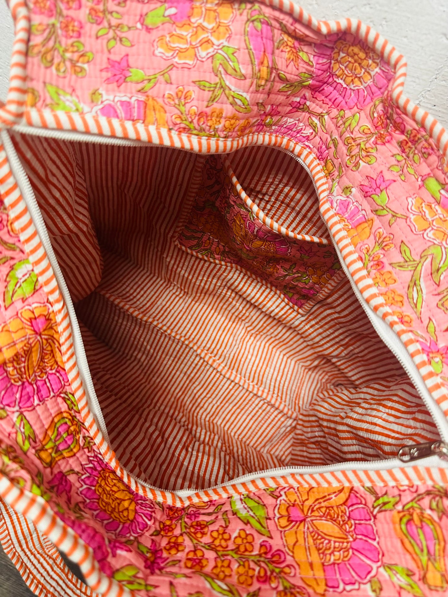 The Orange + Pink Oasis Floral Quilted Tote Bag