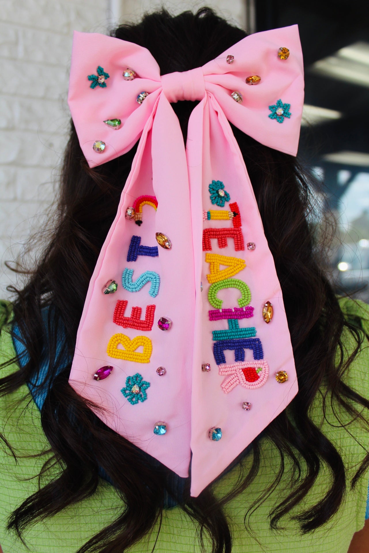 Pink Best Teacher Embroidered Bow