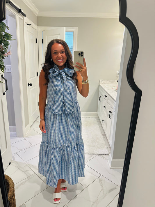 The Abigail Blue Gingham Bow Midi Dress
