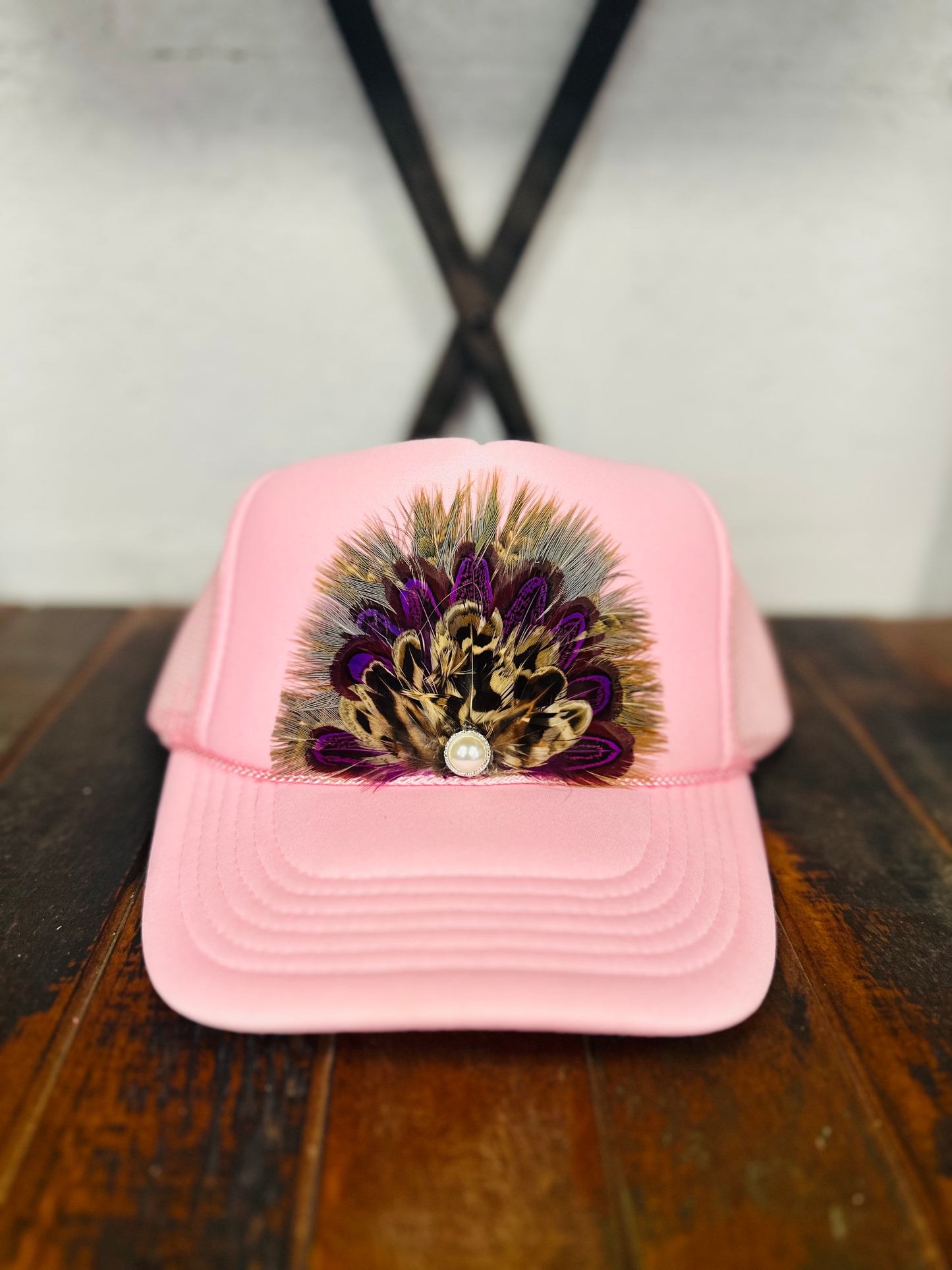 Light Pink Feather + Pearl Trucker Hat