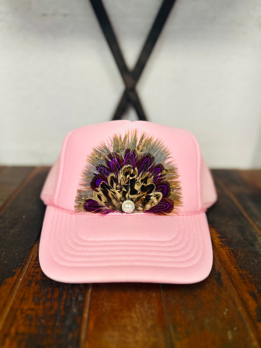 Light Pink Feather + Pearl Trucker Hat
