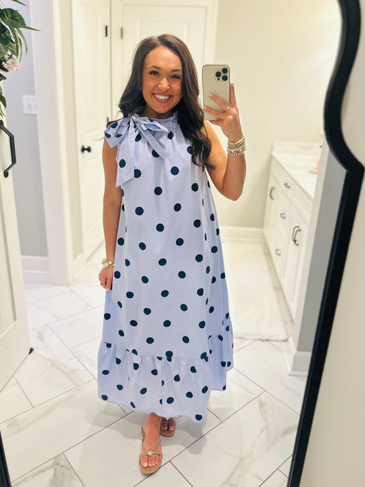 The Leighton Blue Polka Dot Neck Tie Midi Dress