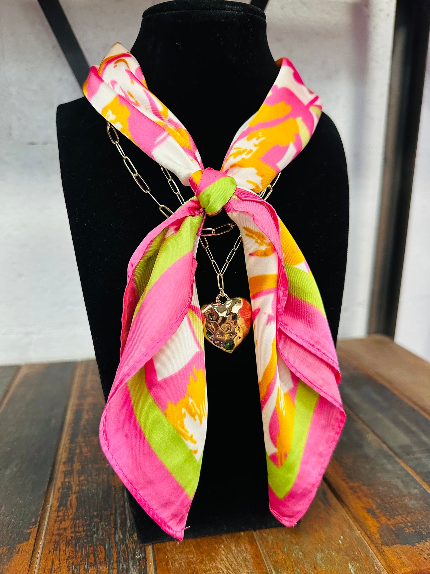 Pink + Gold Heart Pendant Scarf Necklace