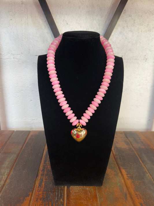 Pink + Gold Wide Bead Puffy Heart Necklace