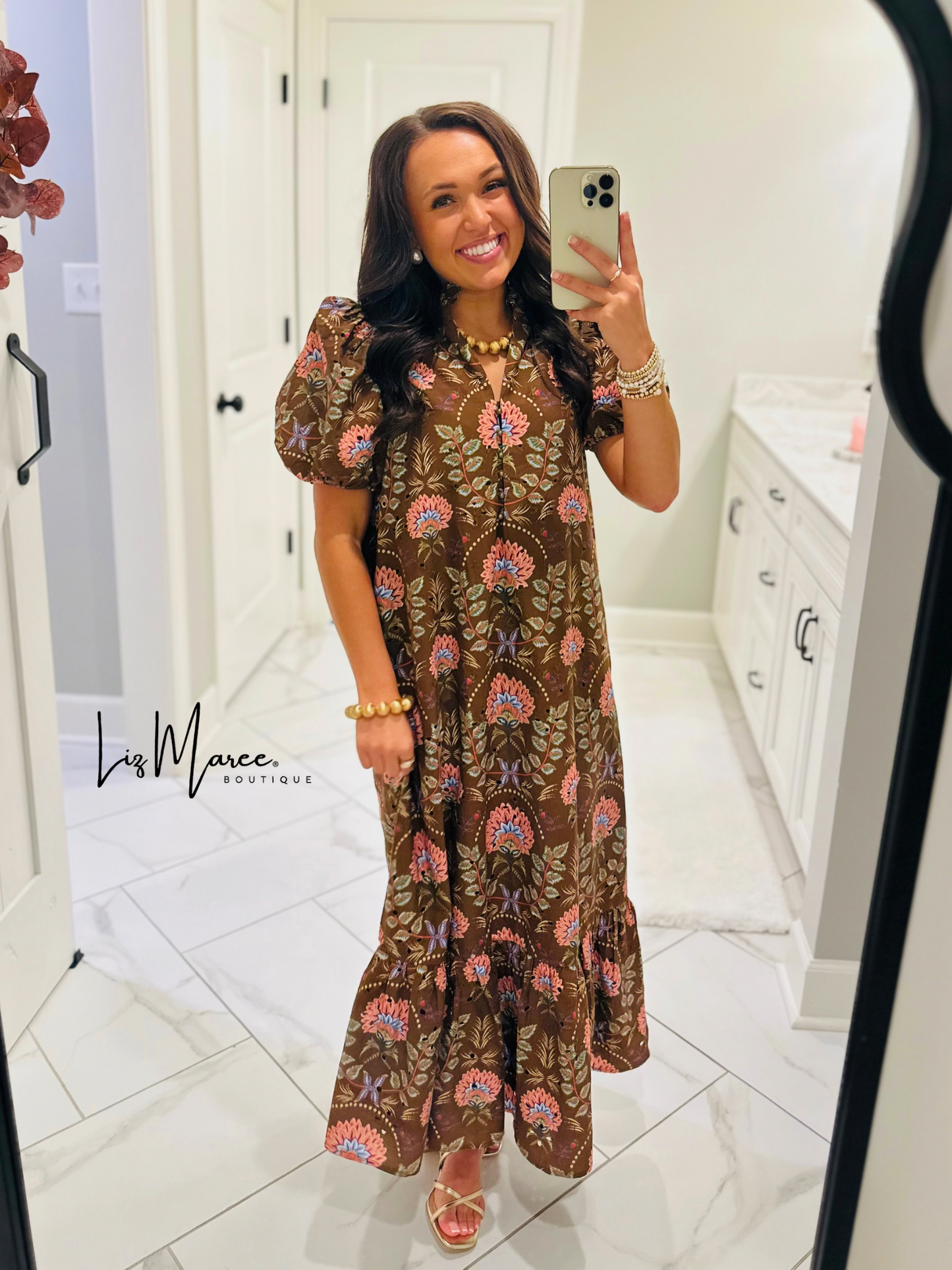 The Katherine Brown Floral Eyelet Midi Dress