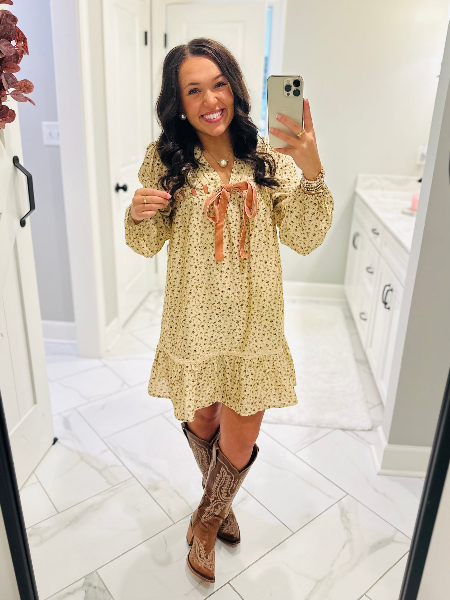 The Rhea Cream Floral Long Sleeve Bow Detail Dress