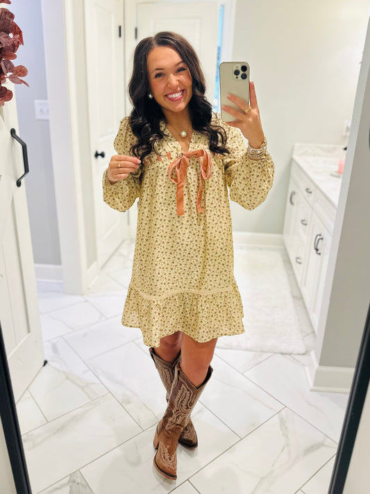 The Rhea Cream Floral Long Sleeve Bow Detail Dress