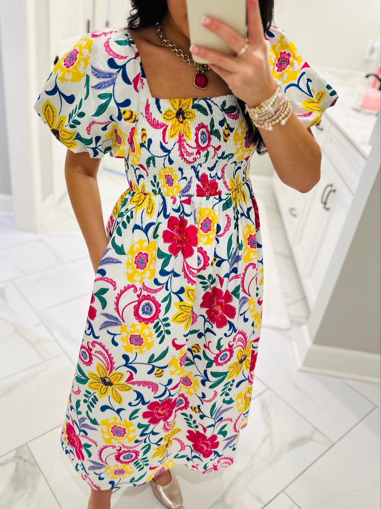 The Kes White Floral Smocked Midi Dress