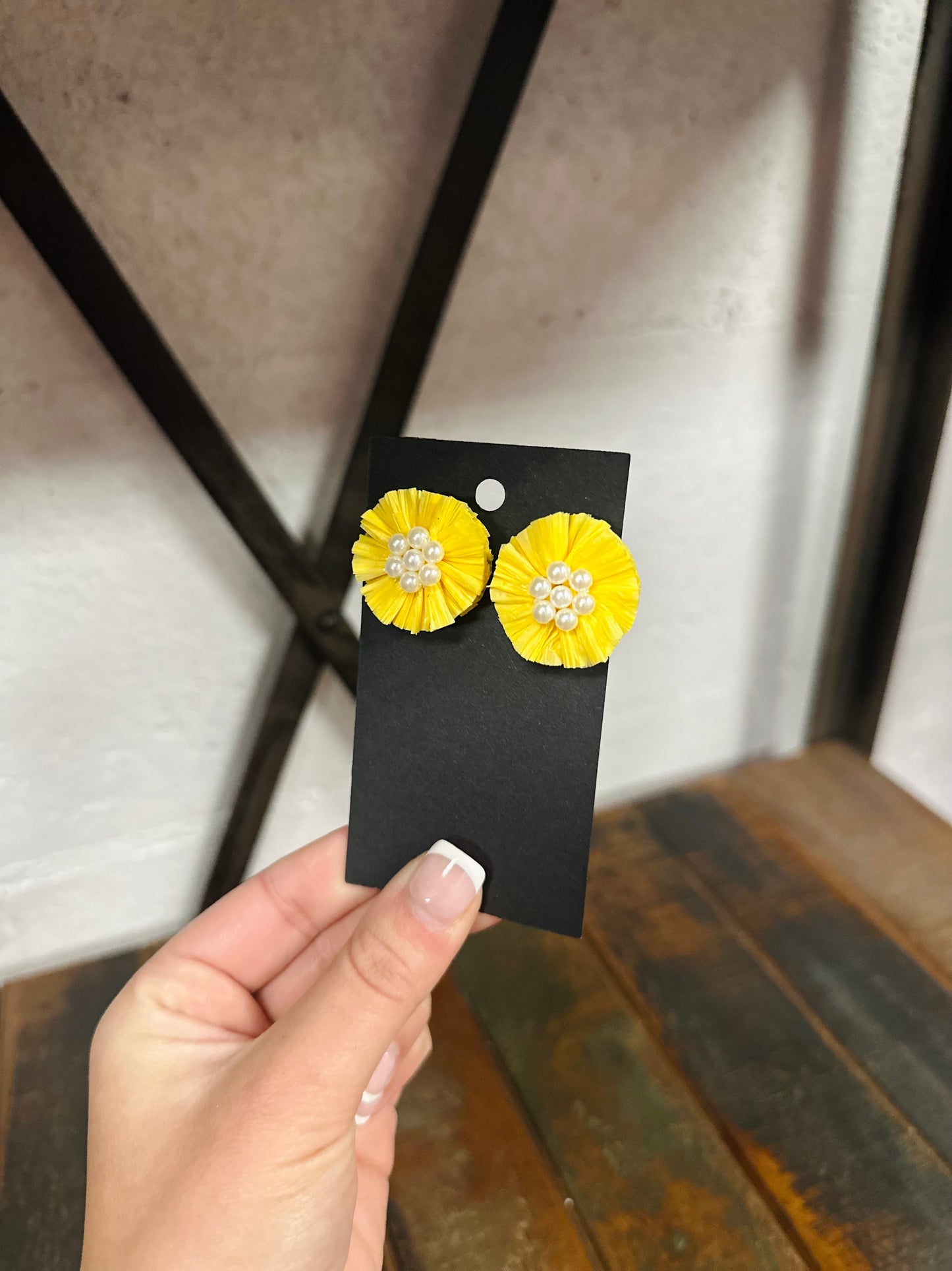 Pearl & Raffia Stud Earrings - Yellow