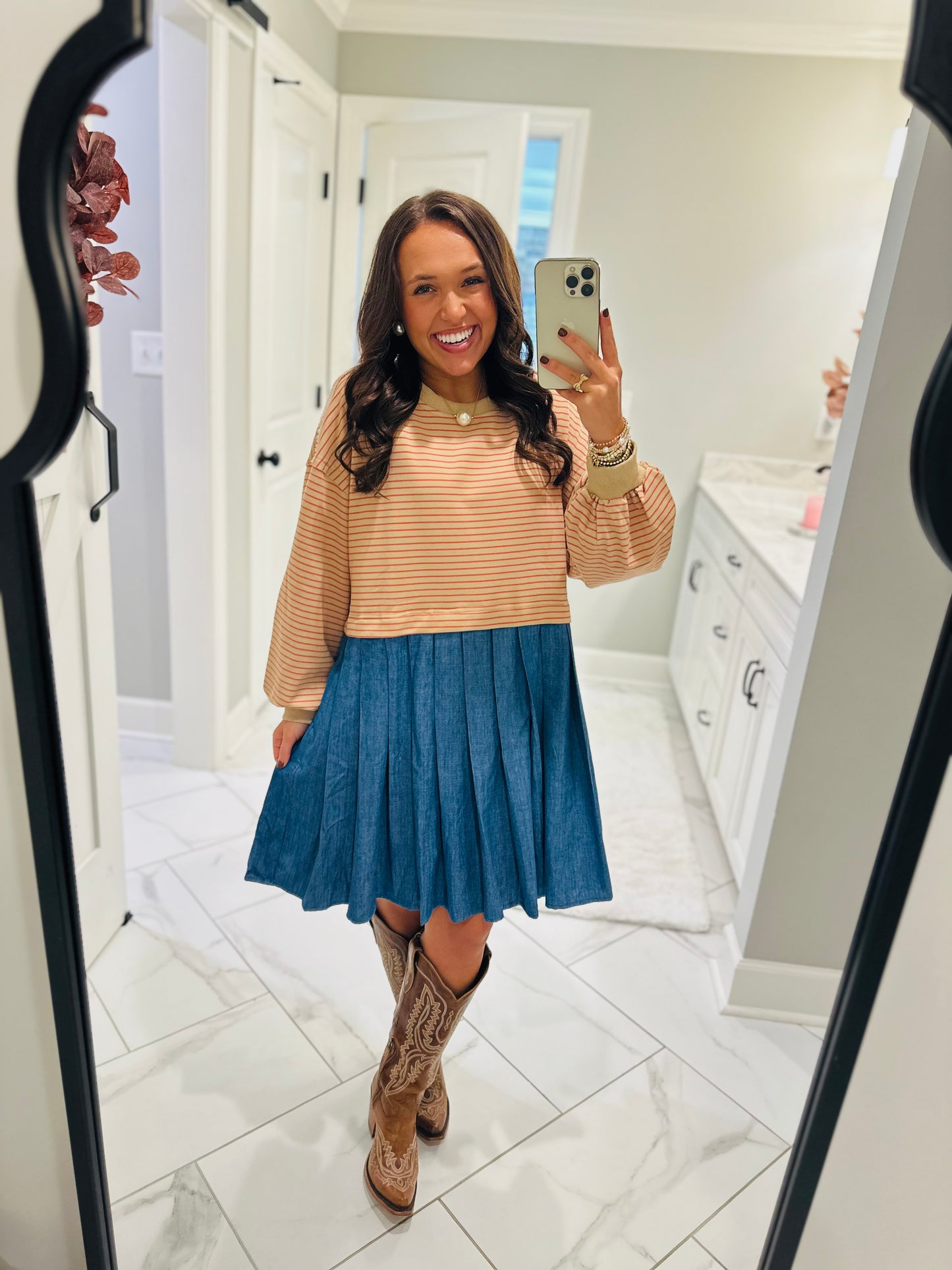 The Ella Long Sleeve Pleated Dress - Taupe / Denim