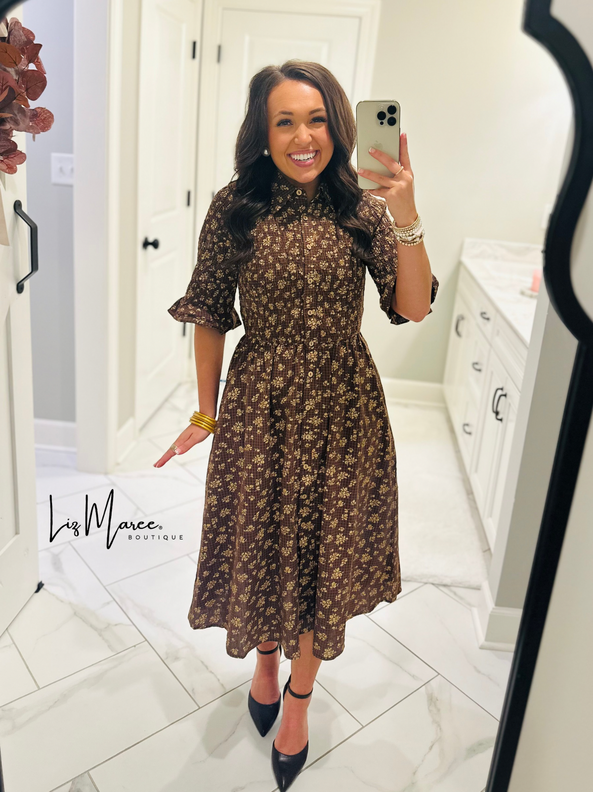 The Lara Mocha Brown Floral Midi Dress